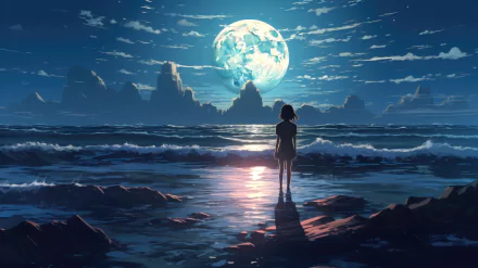 Anime-style girl stands on a moonlit beach at night, gazing at the glowing full moon over the ocean, captured in vibrant 4K Ultra HD AI art.