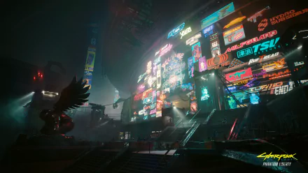 Futuristic cityscape from Cyberpunk 2077 with vibrant neon signs and dark, rainy streets, rendered in 4K Ultra HD for PC desktop wallpaper.