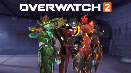 HD wallpaper featuring characters from Overwatch 2 in dynamic poses, set against a dusky indoor backdrop with the game logo prominently displayed.