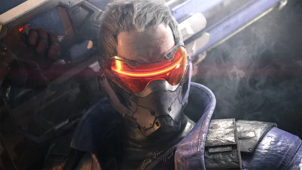 Overwatch video game HD PC desktop wallpaper: Soldier: 76 in tactical mask with glowing red visor and rifle, set against a smoky battlefield background.