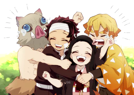HD PC desktop wallpaper featuring Zenitsu Agatsuma, Nezuko Kamado, Tanjiro Kamado, and Inosuke Hashibira from the anime Demon Slayer: Kimetsu no Yaiba sharing a joyful moment.