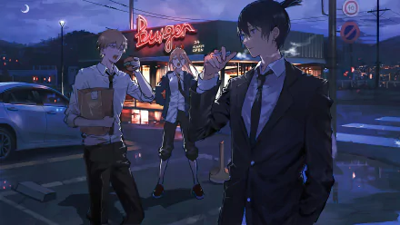 HD desktop wallpaper of Chainsaw Man featuring anime characters in suits standing outside a burger restaurant in the evening.