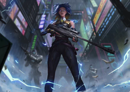 HD PC desktop wallpaper featuring Neon from Valorant standing in a neon-lit cityscape, holding a sniper rifle with dynamic, electric blue accents.