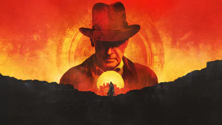 HD PC desktop wallpaper featuring Indiana Jones from the movie Indiana Jones and the Dial of Destiny, with an intense red and orange background and a desert silhouette.