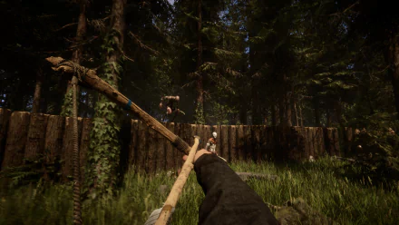HD desktop wallpaper of a first-person view in Sons of the Forest video game, featuring a hand holding a spear aimed at an enemy in a dense forest setting.