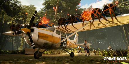 HD desktop wallpaper from Crime Boss: Rockay City featuring an explosive scene with a plane on fire and characters in action in a jungle setting.