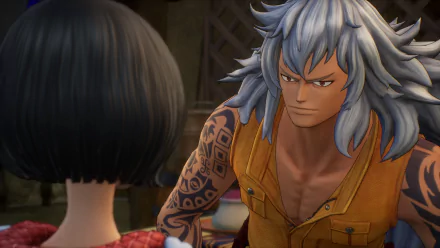HD desktop wallpaper from the video game One Piece Odyssey, featuring a detailed close-up of a character with blue-gray hair and tribal tattoos.