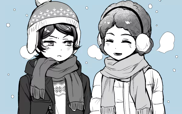 Mushitarō Oguri from Bungou Stray Dogs — anime 2K Quad HD wallpaper showing two winter-clad characters with scarves and earmuffs, one frowning and one smiling against a snowy blue background.