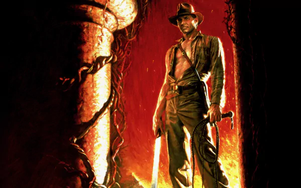 HD PC desktop wallpaper featuring Indiana Jones from the movie Indiana Jones and the Temple of Doom, standing with torchlight against a fiery red background.