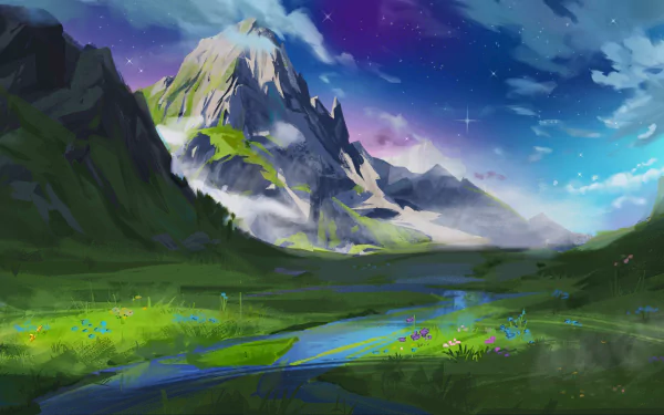 4K Ultra HD anime wallpaper featuring a lush green valley and towering mountain under a vibrant sky, inspired by Suzume Iwato from Suzume no Tojimari.