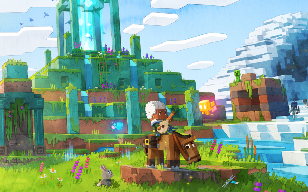 Minecraft Legends HD Desktop Wallpaper featuring lush landscapes and a character riding a pig.