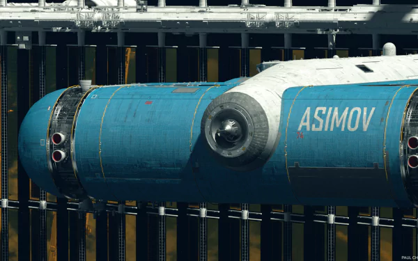 HD desktop wallpaper featuring a detailed sci-fi spaceship named Asimov, docked in a space station with intricate structures.