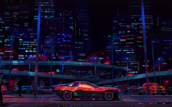 HD desktop wallpaper from the video game Tenet of The Spark, featuring a futuristic cityscape at night with vibrant neon lights and a sleek red sports car.