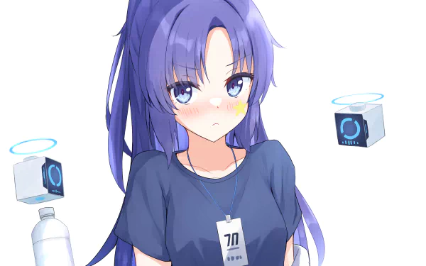 HD PC desktop wallpaper of Hayase Yuuka from the video game Blue Archive — purple-haired girl in a navy T-shirt with an ID tag, flanked by floating tech cubes and a bottle on a white background.