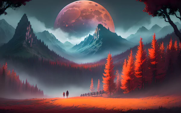 AI-generated fantasy art with a red-tinged mountain landscape under a large, detailed moon. The scene features red trees and a path, creating a surreal, high-definition desktop wallpaper.