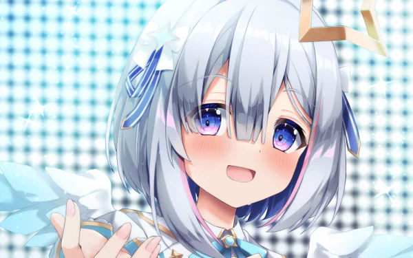 HD desktop wallpaper of hololive VTuber Amane Kanata: smiling silver-haired anime girl with blue eyes, small crown and ribbons against a light blue checkered background.