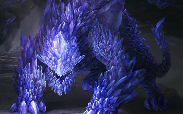 Crystalline fantasy creature prowls a dark cavern, faceted blue-purple scales and glowing eyes — 4K Ultra HD PC desktop wallpaper and background.
