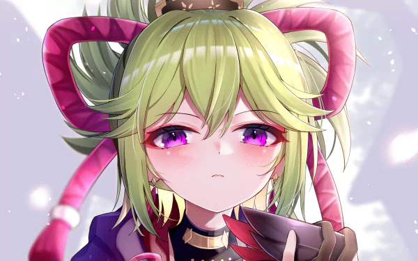 Kuki Shinobu from Genshin Impact, close-up portrait with green hair, purple eyes and horn-like ribbons — vibrant 2K Quad HD PC desktop wallpaper/background illustration.