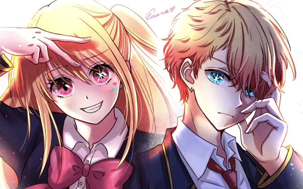 4K Ultra HD PC wallpaper of Aquamarine Hoshino and Ruby Hoshino from Oshi no Ko — anime close-up: smiling Ruby with pink eyes and bow, contemplative Aquamarine with blue eye in school uniforms.