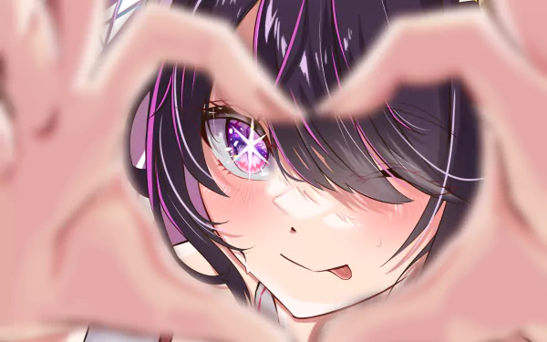 HD anime desktop wallpaper featuring Ai Hoshino from Oshi no Ko, showcasing a close-up with vibrant eyes and hands forming a heart shape.