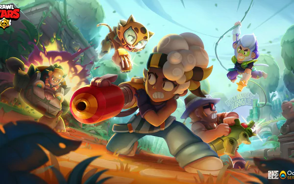 HD PC desktop wallpaper featuring dynamic characters from the video game Brawl Stars in an action-packed jungle setting.