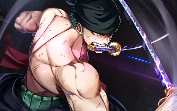 HD desktop wallpaper featuring Roronoa Zoro from the anime One Piece, showcasing his muscular build and intense expression while holding a sword in his mouth, ready for battle.