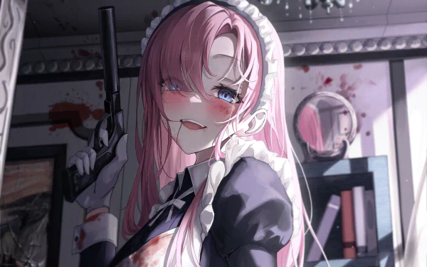 Anime style HD desktop wallpaper featuring a maid character with pink hair, dressed in a classic maid outfit, smiling in a room illuminated by soft light.