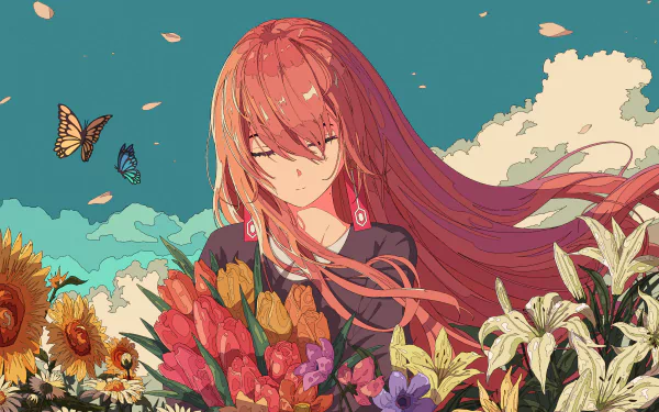 HD desktop wallpaper featuring an anime girl with red hair among vibrant flowers under a cloud-streaked sky, with butterflies fluttering nearby.