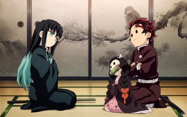HD PC desktop wallpaper featuring Nezuko Kamado and Tanjiro Kamado from the anime Demon Slayer: Kimetsu no Yaiba seated in a traditional Japanese room.
