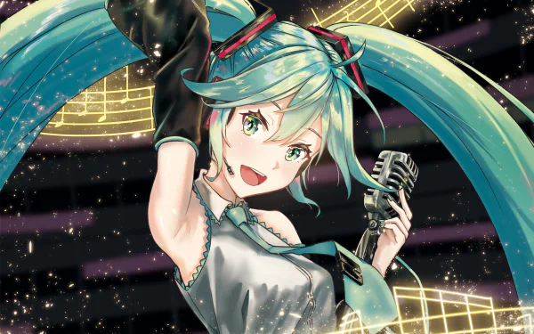 HD anime desktop wallpaper featuring Hatsune Miku, the iconic Vocaloid character, with teal twin-tails and a dynamic pose holding a vintage microphone.