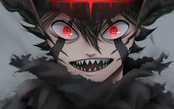 HD desktop wallpaper featuring Asta from Black Clover in his devil union form, showcasing intense red eyes and dark horns with a fierce, rage-filled expression.