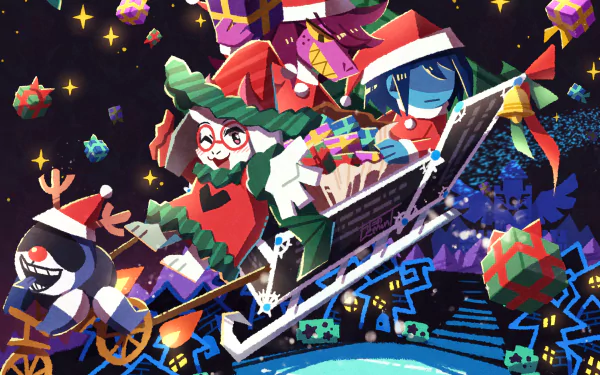 Christmas-themed 4K Ultra HD wallpaper featuring Deltarune characters Lancer, Ralsei, Susie, and Kris joyfully riding a sleigh surrounded by festive gifts and decorations.
