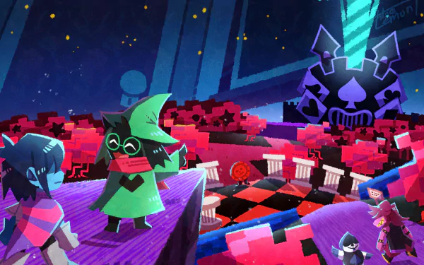 4K Ultra HD Deltarune PC wallpaper featuring Lancer, Susie, Ralsei, and Kris in a vibrant, colorful video game landscape.