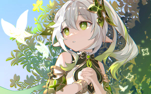 HD PC desktop wallpaper featuring Nahida from the video game Genshin Impact, surrounded by greenery and glowing butterflies in a vibrant, detailed anime style.
