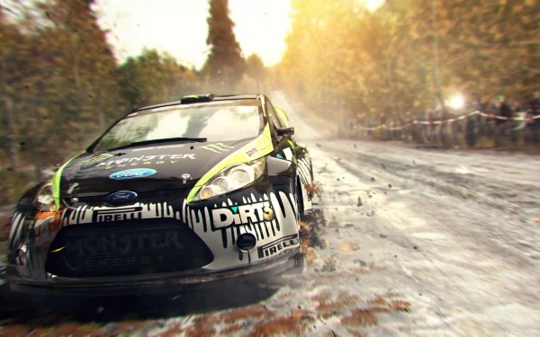 HD PC desktop wallpaper featuring a dynamic rally car from the video game DiRT 3 speeding through a muddy, forested race track in intense action.