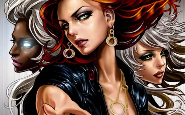 HD PC desktop wallpaper featuring a dynamic collage of X-Men characters Rogue, Jean Grey, and Storm in vibrant comic art style.