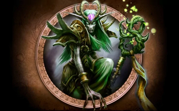 HD PC desktop wallpaper featuring a World of Warcraft character, a mystical elf druid wielding a glowing staff with vibrant green energy.