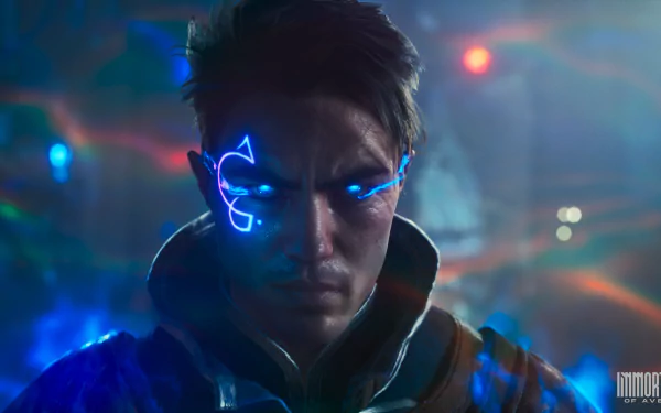 HD desktop wallpaper featuring a character from Immortals of Aveum with glowing blue markings on his face against a blurred futuristic background.