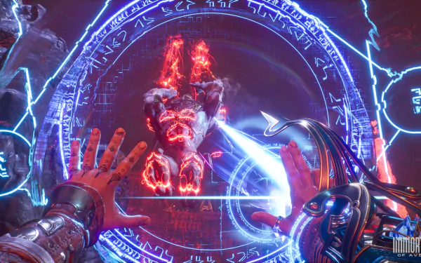 HD desktop wallpaper of Immortals of Aveum game scene featuring a mystical glowing circle with arcane symbols, a fiery creature, and a character's hands casting a spell.