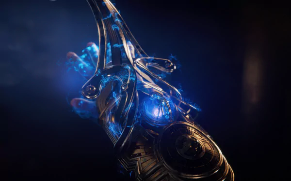 HD wallpaper featuring mystical blue glowing artifact from Immortals of Aveum on a dark background.