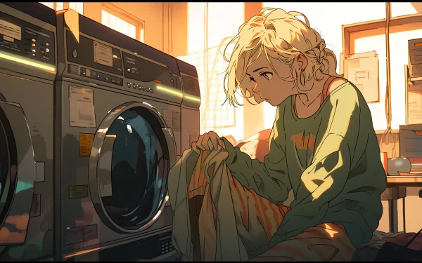 Anime-style 8K Ultra HD PC wallpaper depicting a girl doing laundry in a softly lit room, created with AI art techniques.