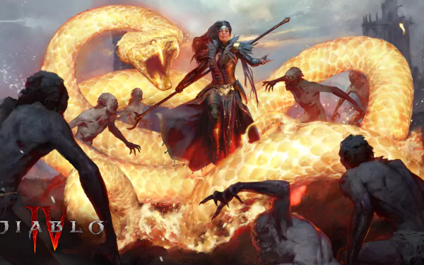 A dynamic HD wallpaper from Diablo IV featuring a fierce character commanding a glowing serpent, surrounded by shadowy figures in a dark, mystical landscape.