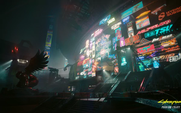 Futuristic cityscape from Cyberpunk 2077 with vibrant neon signs and dark, rainy streets, rendered in 4K Ultra HD for PC desktop wallpaper.
