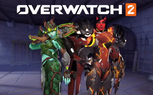 HD wallpaper featuring characters from Overwatch 2 in dynamic poses, set against a dusky indoor backdrop with the game logo prominently displayed.