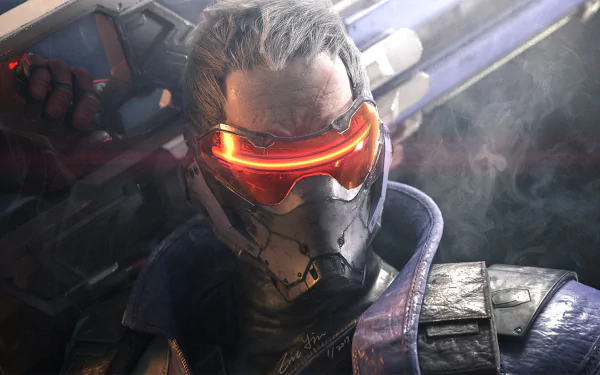 Overwatch video game HD PC desktop wallpaper: Soldier: 76 in tactical mask with glowing red visor and rifle, set against a smoky battlefield background.