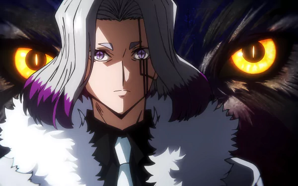Anime-style 8K Ultra HD desktop wallpaper featuring a character from Mashle: Magic and Muscles with striking purple eyes and a dark, intense background.