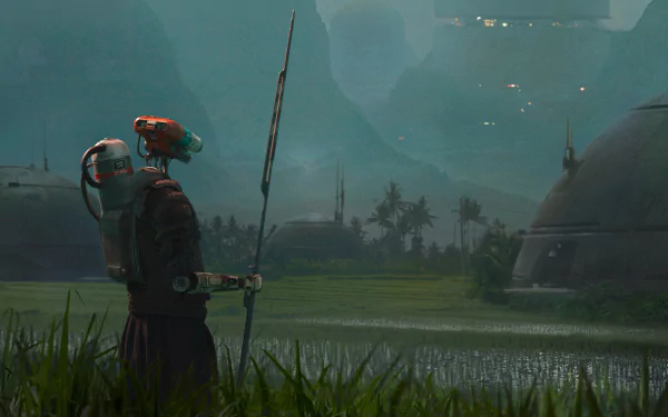 HD PC desktop wallpaper featuring a scene from the 2023 movie The Creator, showing a futuristic figure standing in a grassy landscape under a misty sky.