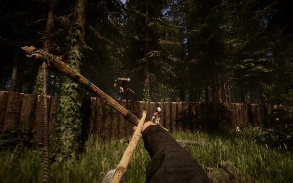 HD desktop wallpaper of a first-person view in Sons of the Forest video game, featuring a hand holding a spear aimed at an enemy in a dense forest setting.