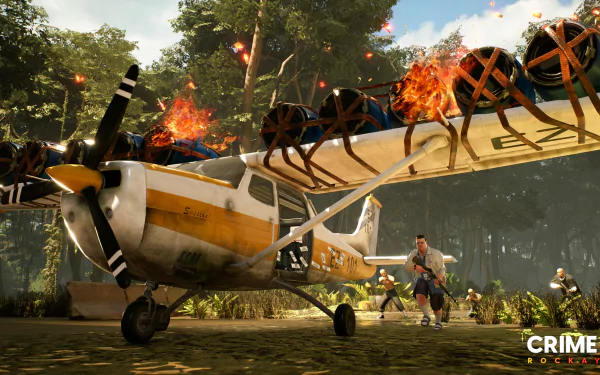 HD desktop wallpaper from Crime Boss: Rockay City featuring an explosive scene with a plane on fire and characters in action in a jungle setting.