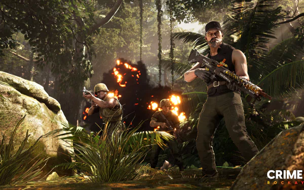 HD desktop wallpaper from Crime Boss: Rockay City featuring armed characters in a jungle with an explosion in the background.